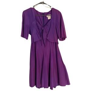 Vintage Dress Womens Size 5 Purple Short Sleeve Back Zip Bow Tie Made in USA 80s